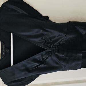 Express Design Studio 100% Silk Black Vneck Blouse w/ Wide Waist Tie